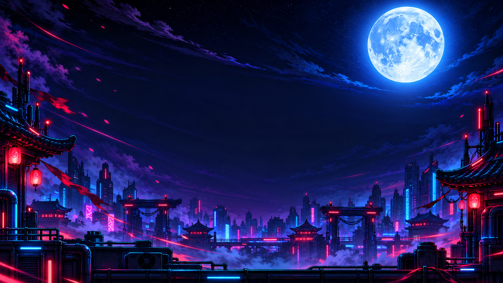 Cyberpunk Japanese city beneath a full moon